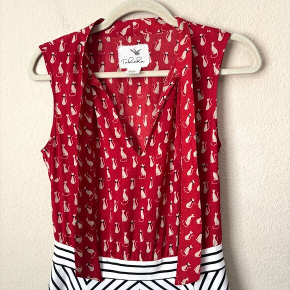 Anthropologie Tabitha Cat Gatto Printed Novelty Dress Striped Tie Neck HTF Rare - Picture 4 of 15